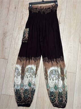 Boho Elephant Print Harem Pants in Brown and Cream
